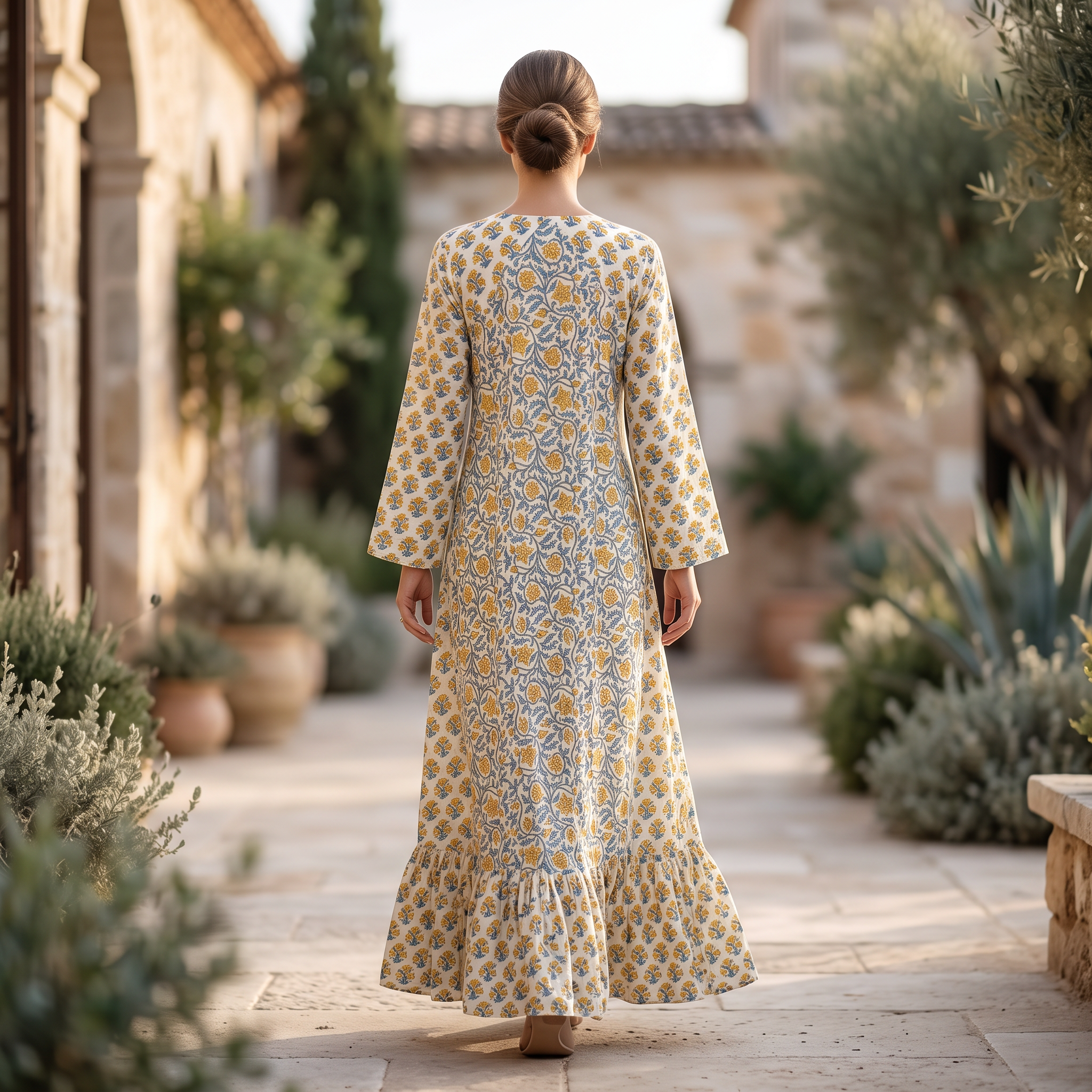 XS-S Najia Crystal Printed Cotton Dress 54" Long Jalabiya RN 748