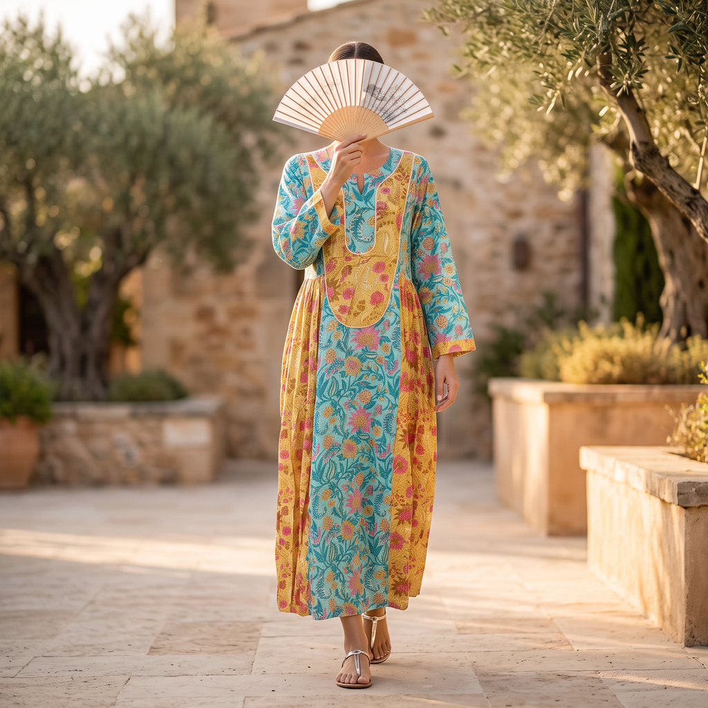 L-XL Suf Crystal Printed Cotton Dress 57" Long Jalabiya RN 750