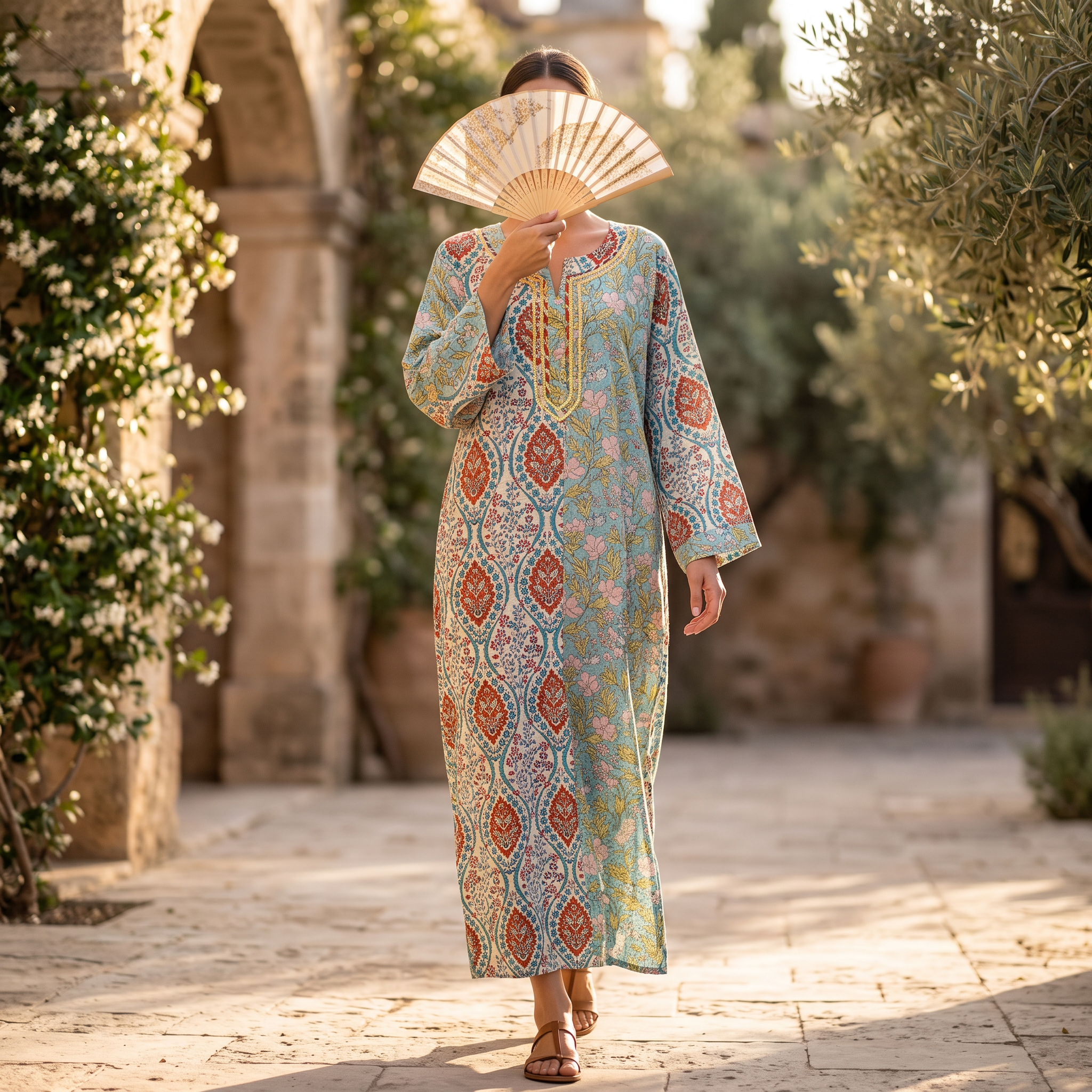 2XL/3XL Noorain Crystal Printed Cotton Dress 57" Long Jalabiya RN 751