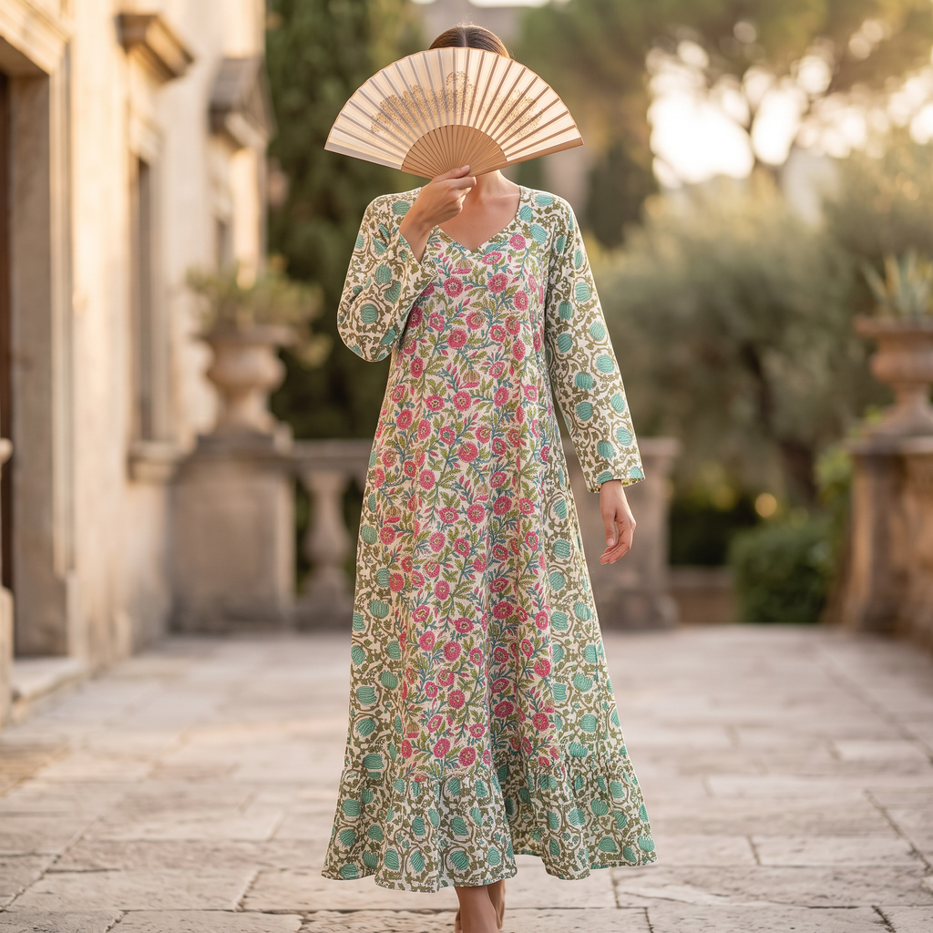 XS-S Najia Crystal Printed Cotton Dress 54" Long Jalabiya RN 752