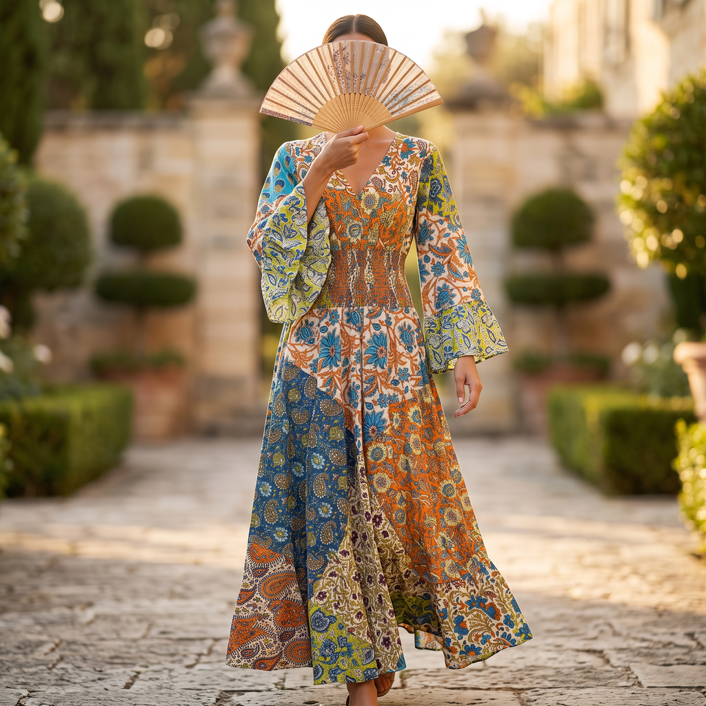 S-M Musira Crystal Printed Cotton Dress 57" Long Jalabiya RN 758
