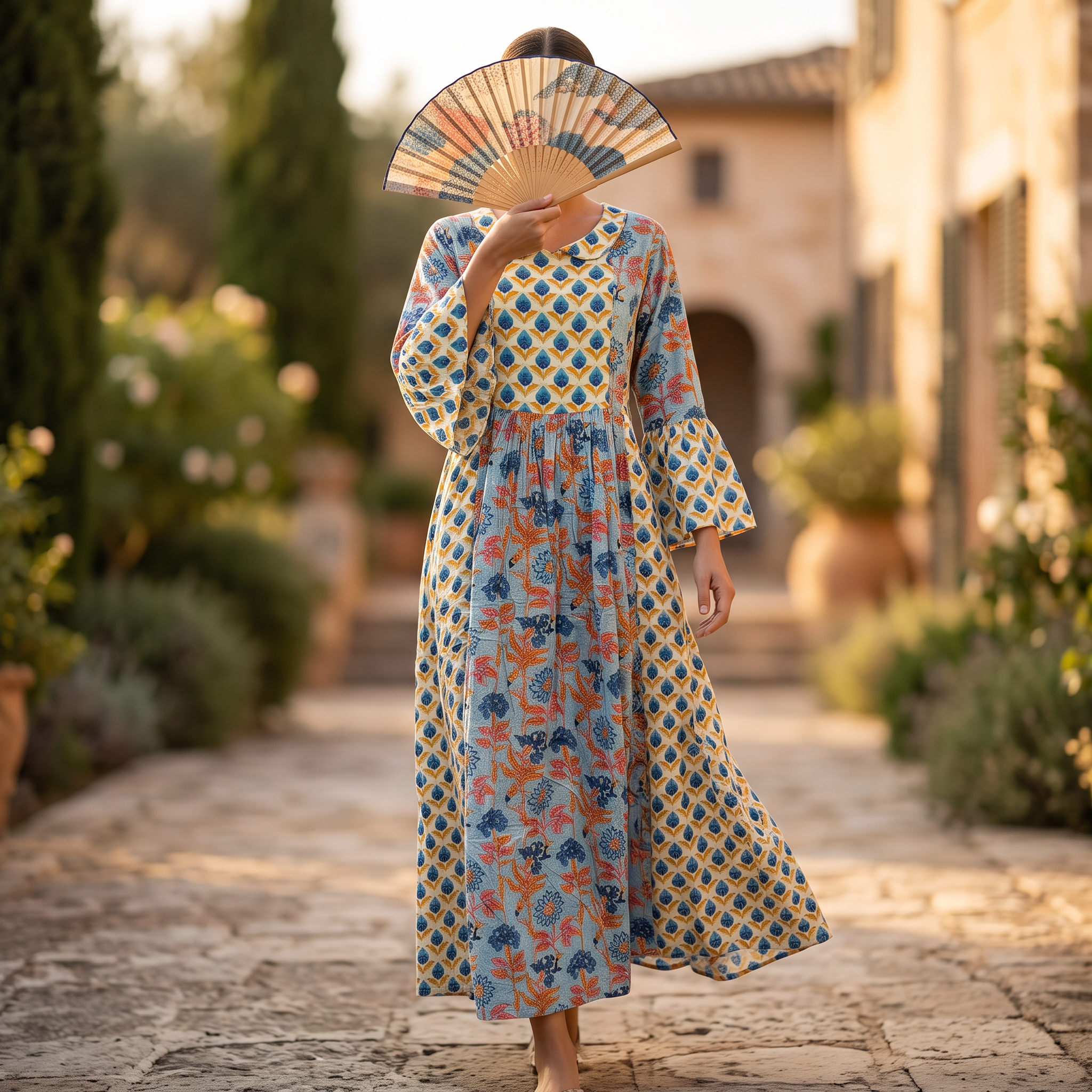 S-M Husn Crystal Printed Cotton Dress 57" Long Jalabiya RN 761