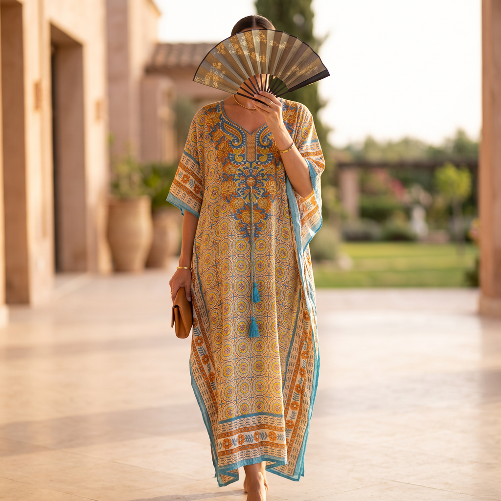 Free Size Crystal Farasha Kaftan Cotton 57" Long Jalabiya RN 764