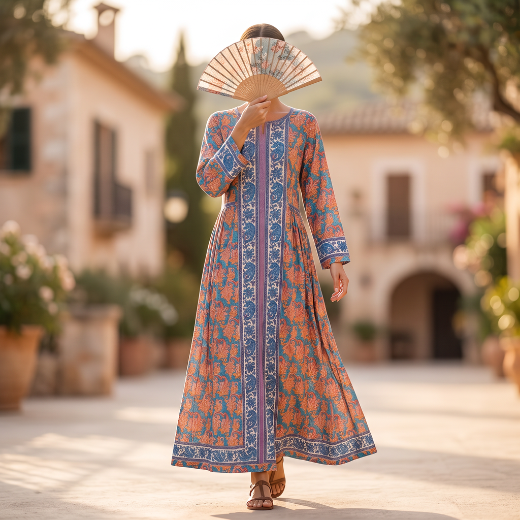 S/M Crystal Bhopali Printed Cotton Dress 57" Long Jalabiya RN 767
