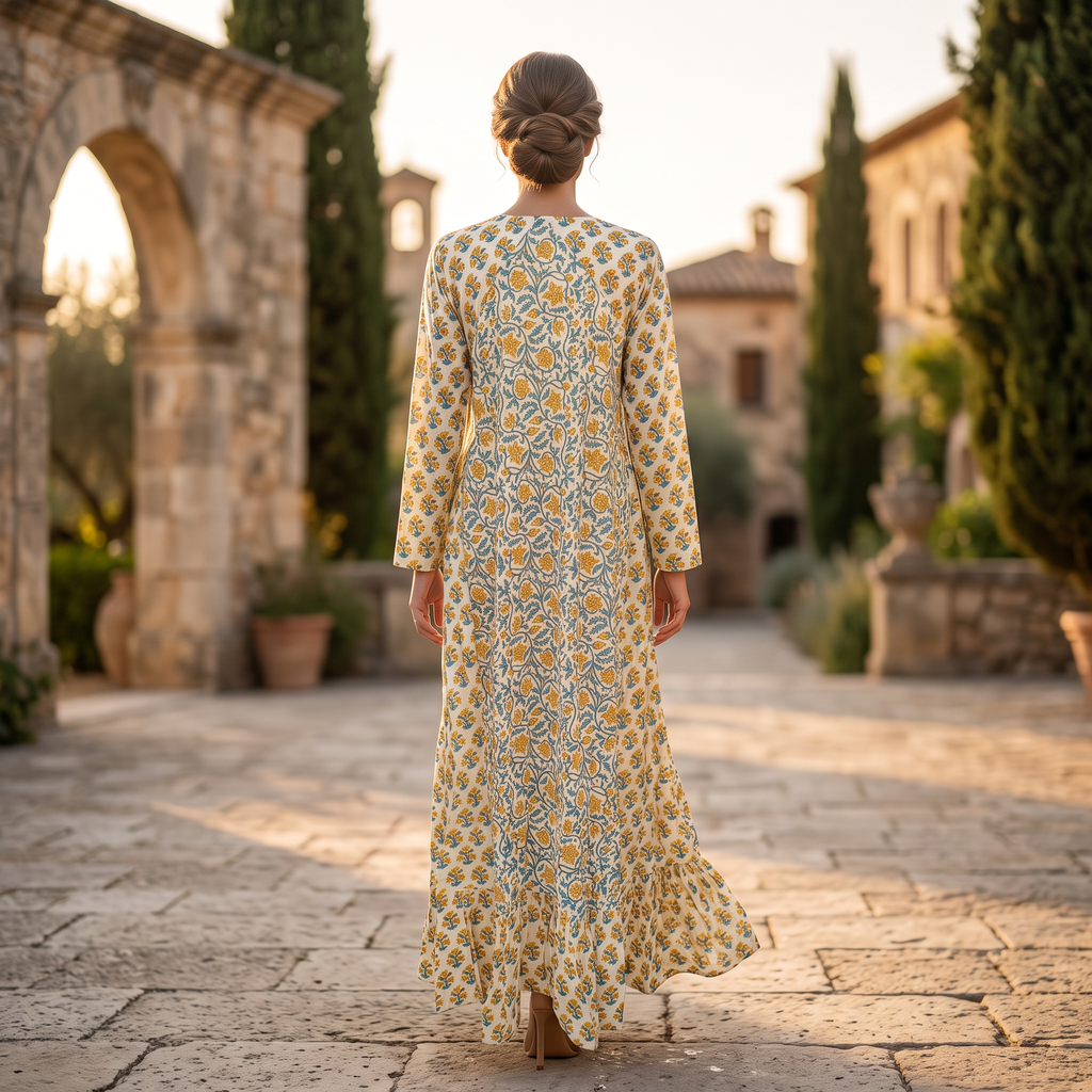 S-M Najia Crystal Printed Cotton Dress 57" Long Jalabiya RN 742