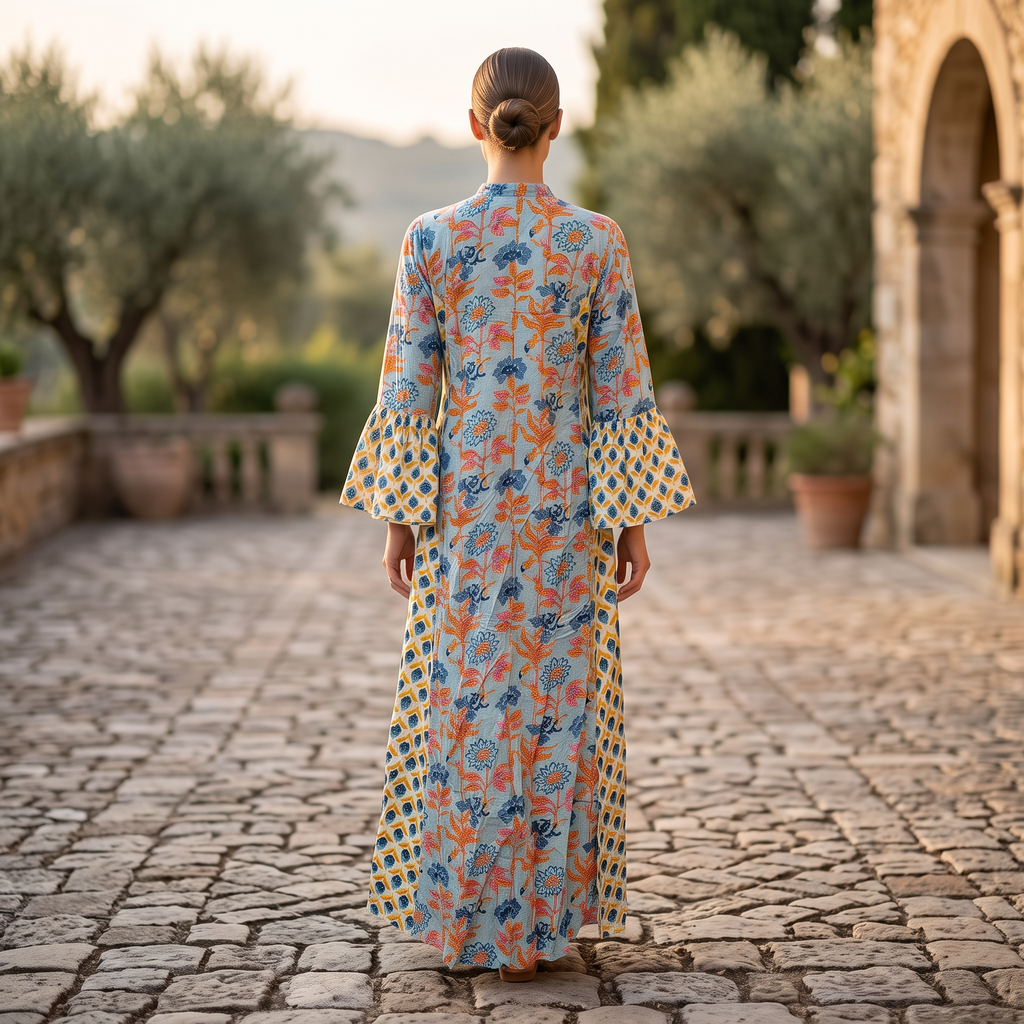 S-M Husn Crystal Printed Cotton Dress 57" Long Jalabiya RN 761