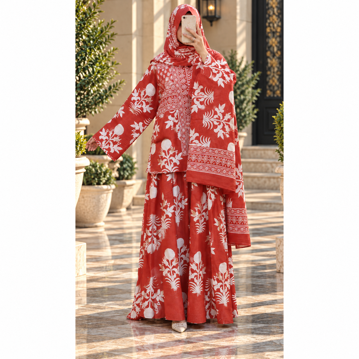 L-XL Cotton Printed Jacket & Jalabiya With Sheila Set length 57” Long.