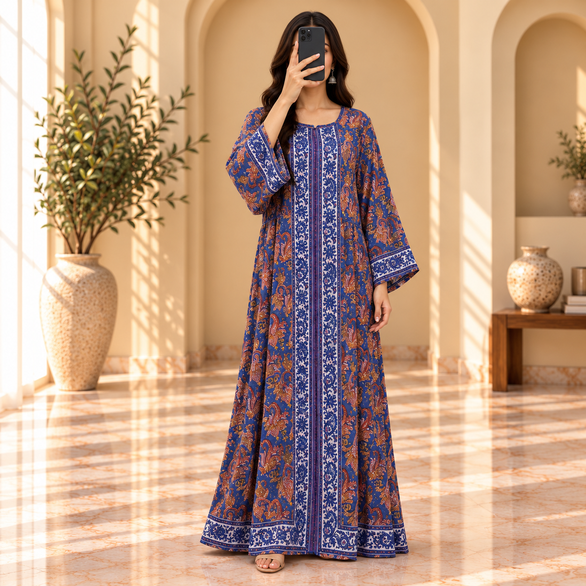 S/M Bhopali Crystal Printed Cotton Long Dress Jalabiya – 57"