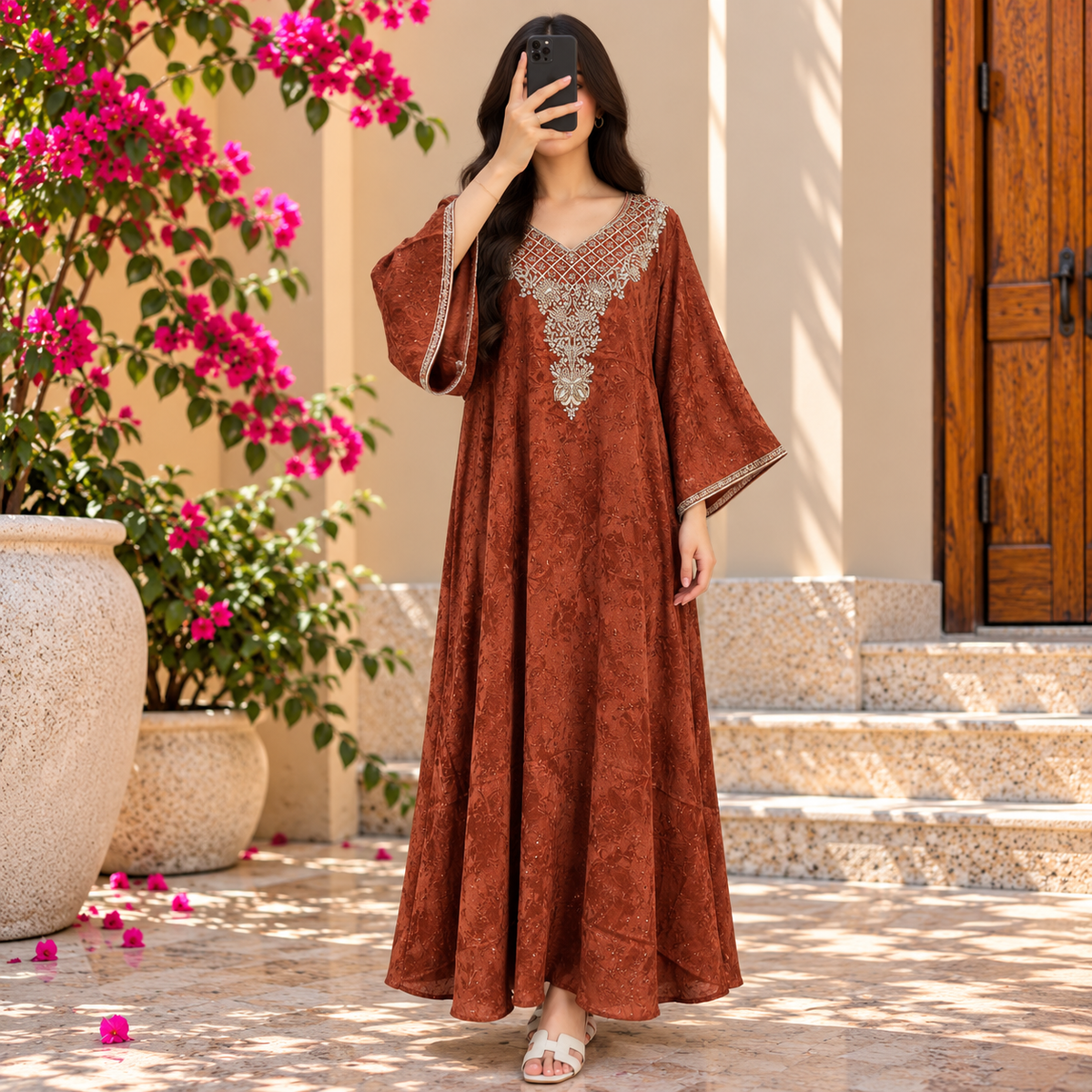 Luxury Silk Jacquard Abaya | Elegant Embroidered Free-Size