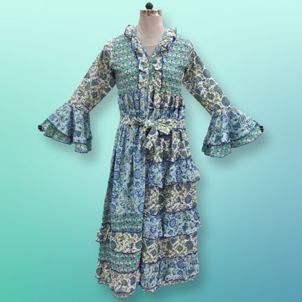 L/XL Sabah Blue Printed Cotton Dress 57" Long Jalabiya