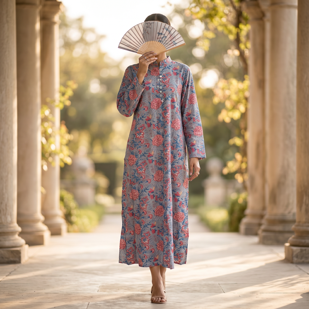 S-M Sofi Crystal Printed Cotton Dress 48" Long Jalabiya RN 148