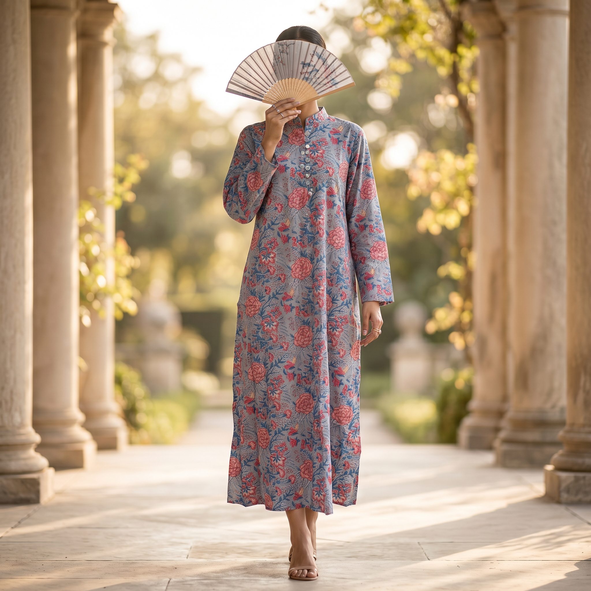 S-M Sofi Crystal Printed Cotton Dress 48" Long Jalabiya RN 148