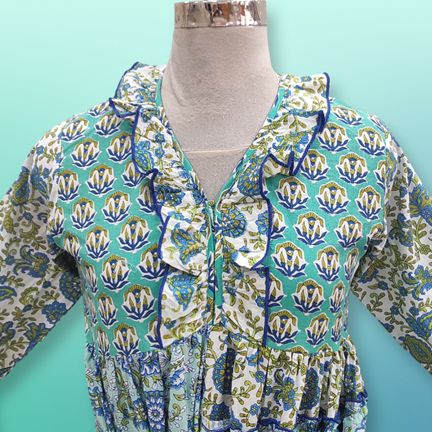 L/XL Sabah Blue Printed Cotton Dress 57" Long Jalabiya