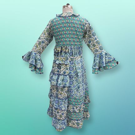 L/XL Sabah Blue Printed Cotton Dress 57" Long Jalabiya