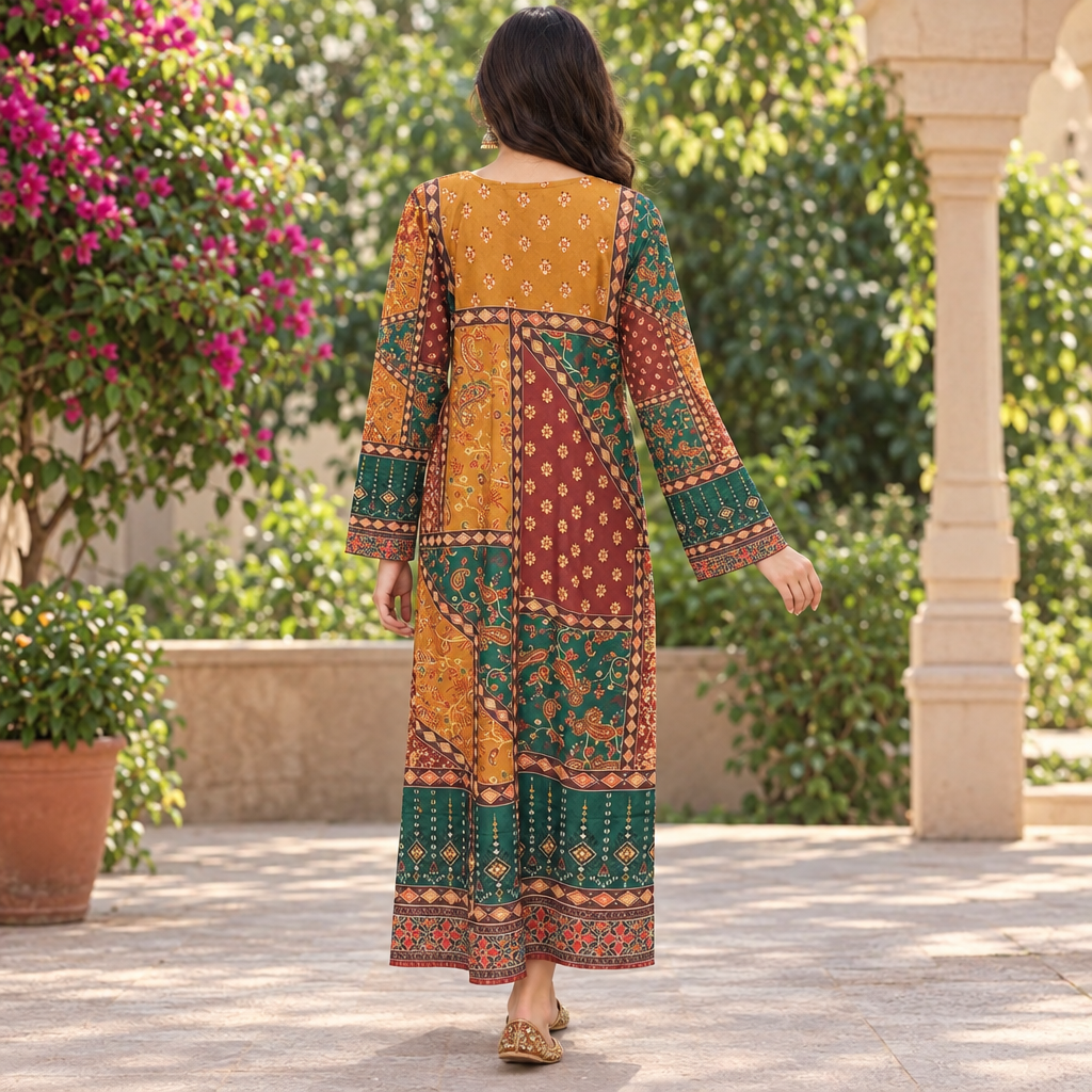 S/M Crystal Silky Digital Kaftan Printed 55"Long Jalabiya