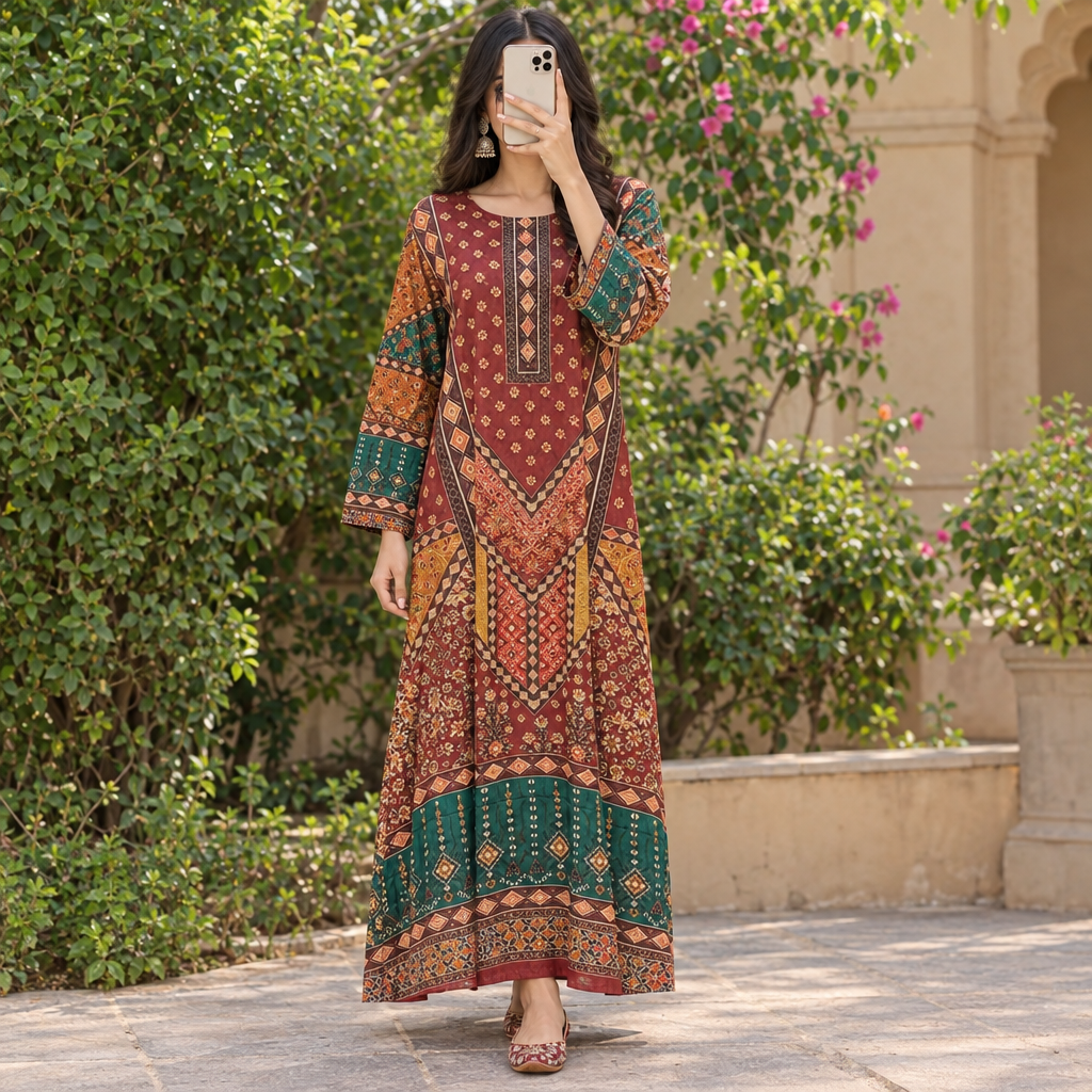 S/M Crystal Silky Digital Kaftan Printed 55"Long Jalabiya