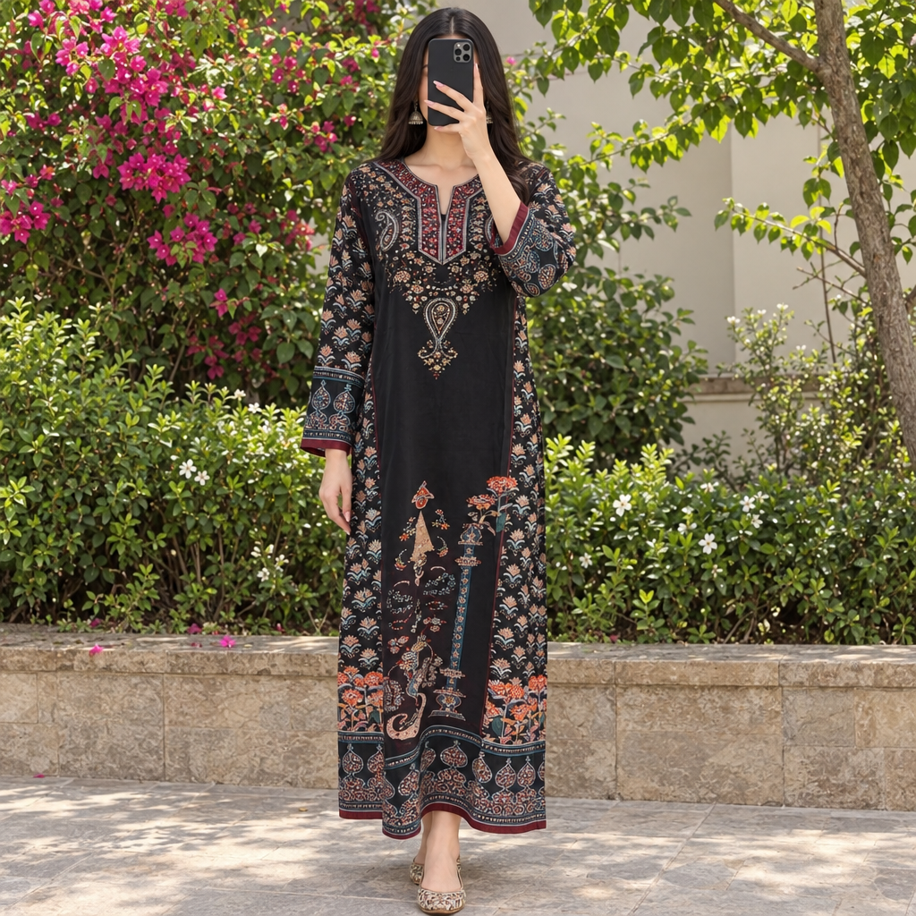 L/XL Crystal Silky Digital Kaftan Printed 56" Long Jalabiya