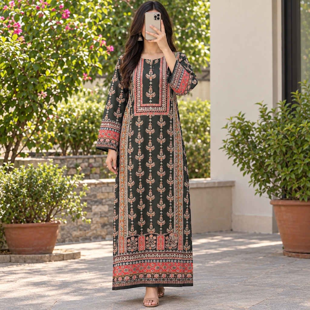 L/XL Crystal Silky Digital Kaftan Printed 56" Long Jalabiya
