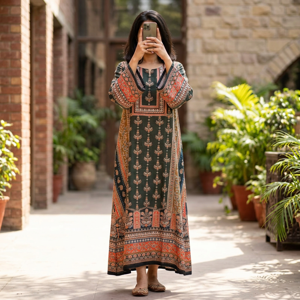 S/M Silky Digital Kaftan Printed 56"Long Jalabiya