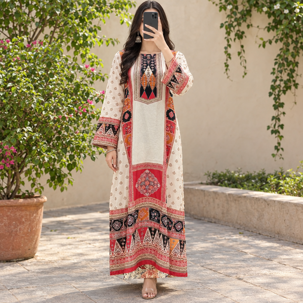 XS/S Silky Digital Kaftan Printed 55" Long Jalabiya