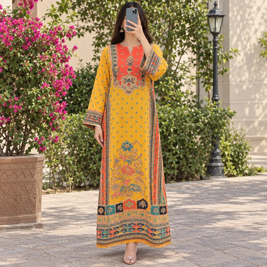 XS/S Silky Digital Kaftan Printed 55" Long Jalabiya