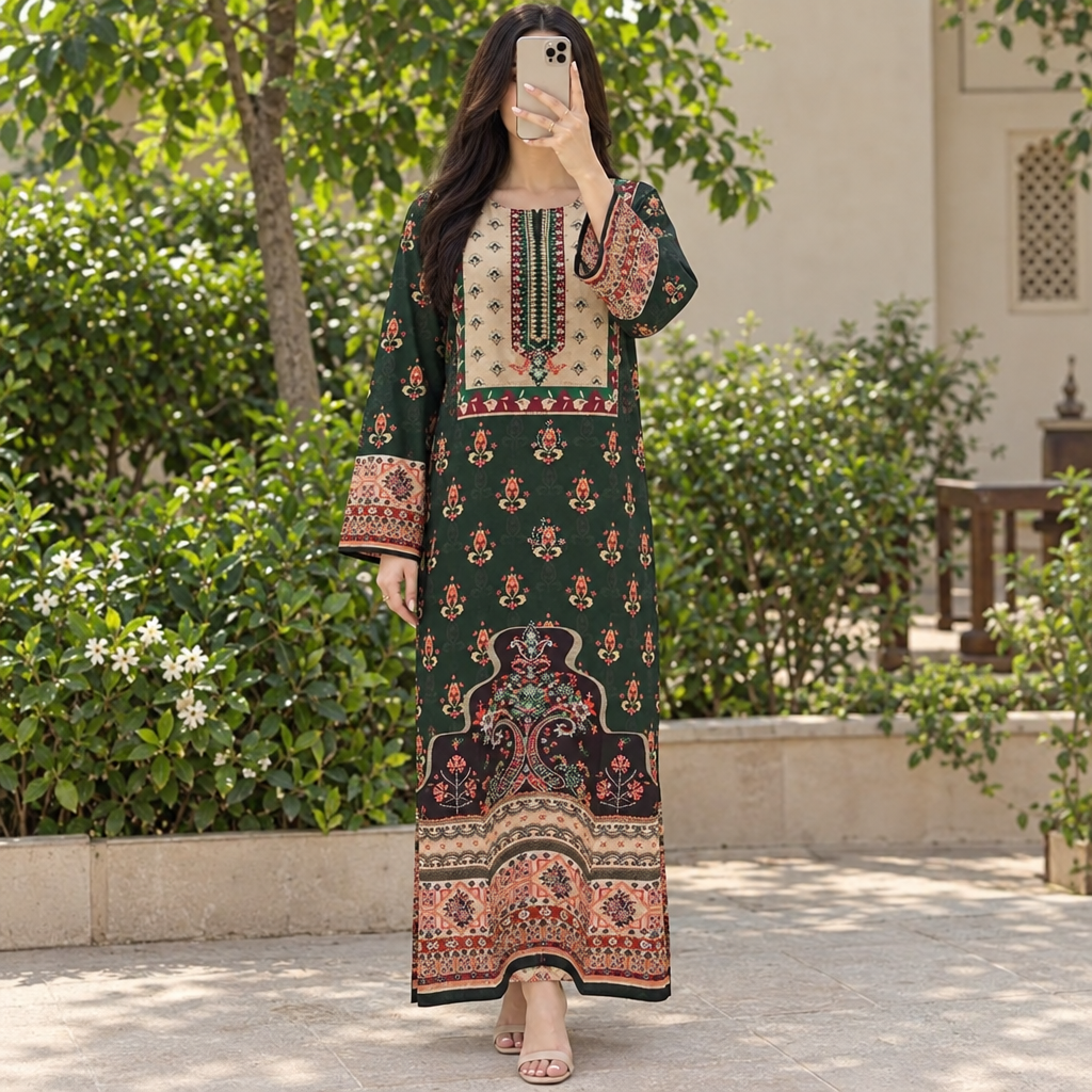 S/M Silky Digital Kaftan Printed 56"Long Jalabiya