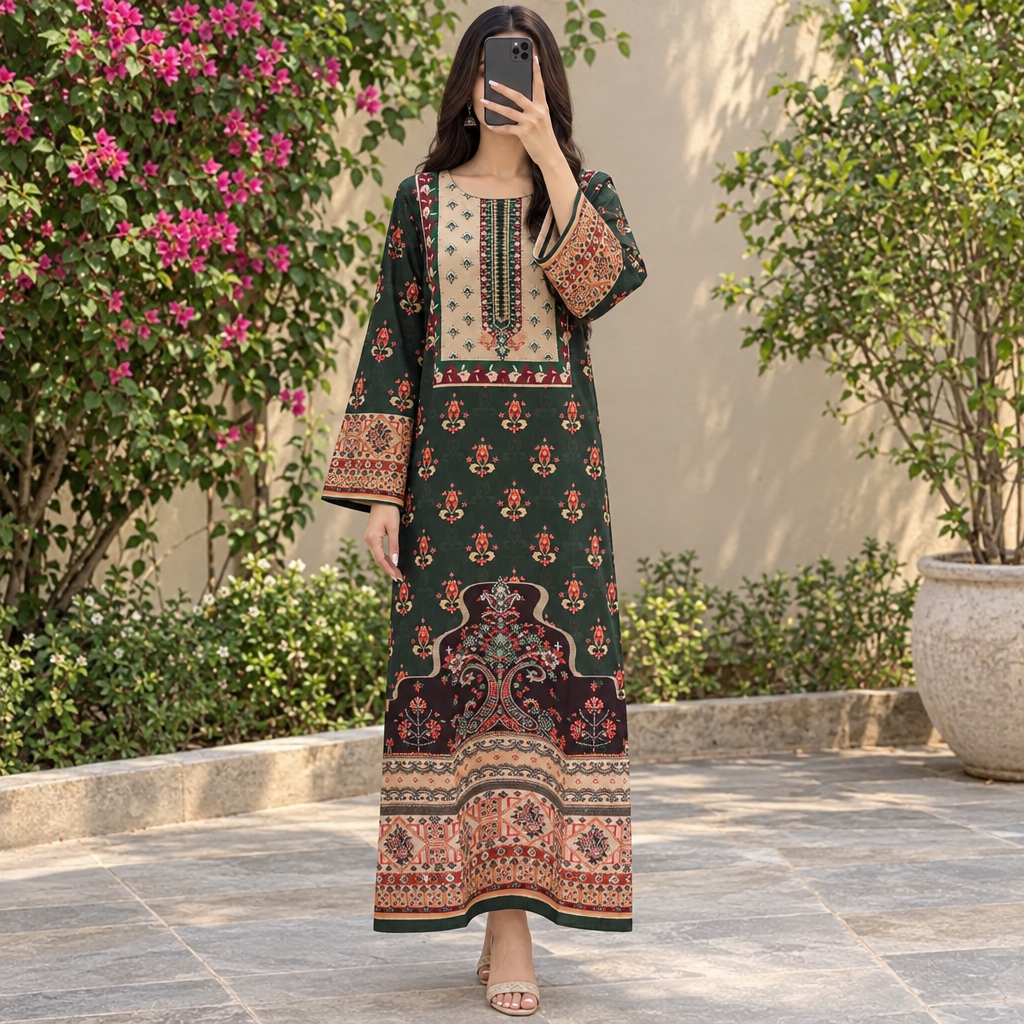 XS/S Silky Digital Kaftan Printed 55" Long Jalabiya
