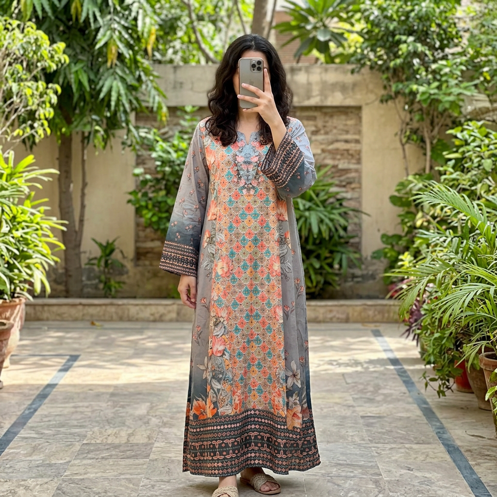2XL/3XL Crystal Silky Digital Kaftan Printed 55"Long Jalabiya