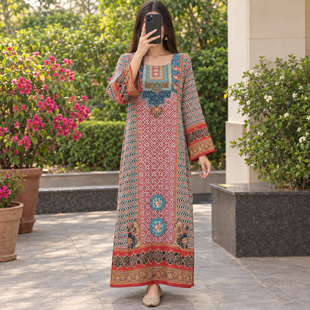 2XL/3XL Crystal Silky Digital Kaftan Printed 55"Long Jalabiya
