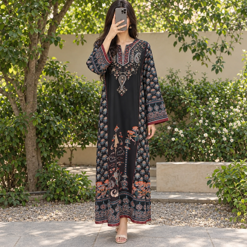 XS/S Crystal Silky Digital Kaftan Printed 57" Long Jalabiya