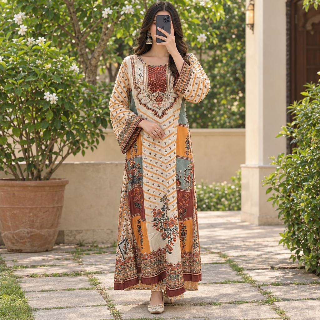 S/M Crystal Silky Digital Kaftan Printed 55"Long Jalabiya