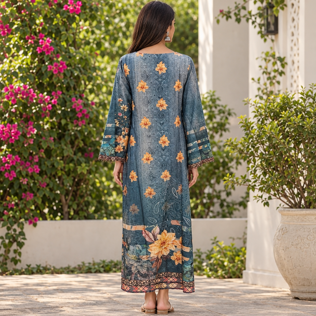 S/M Crystal Silky Digital Kaftan Printed 56"Long Jalabiya