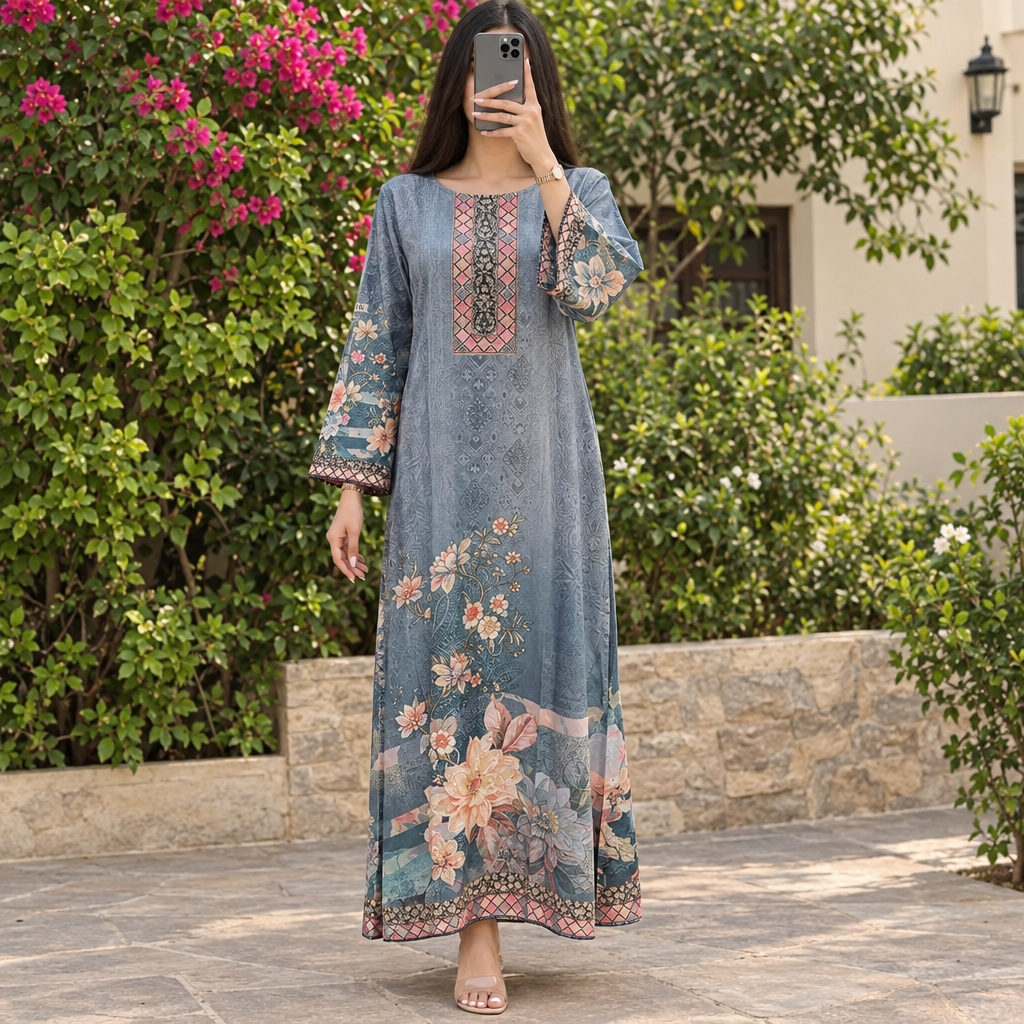 S/M Crystal Silky Digital Kaftan Printed 56"Long Jalabiya