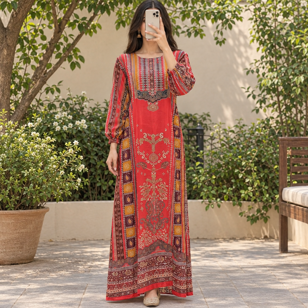 2XL/3XL Crystal Silky Digital Kaftan Printed 57"Long Jalabiya