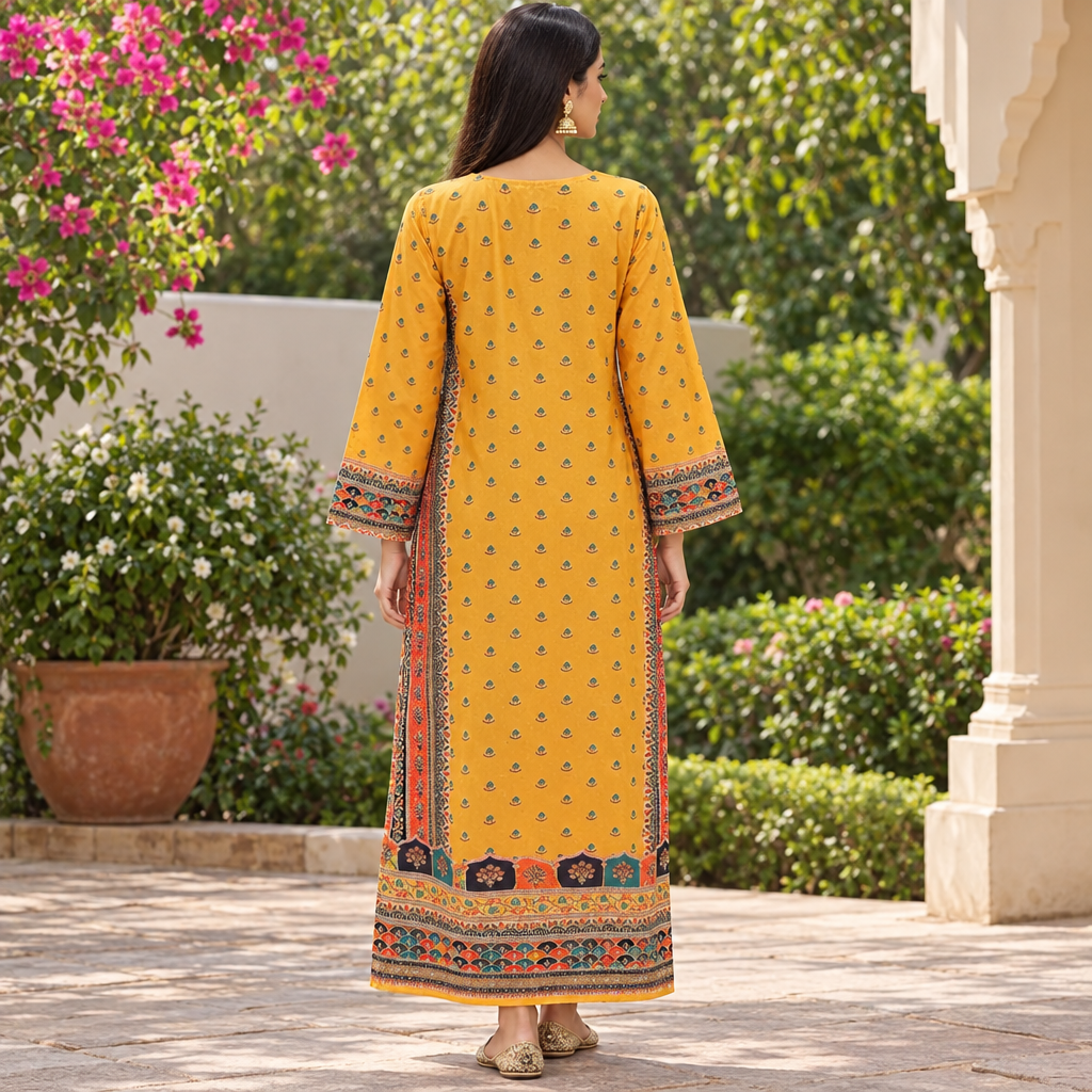 S/M Crystal Silky Digital Kaftan Printed 55"Long Jalabiya