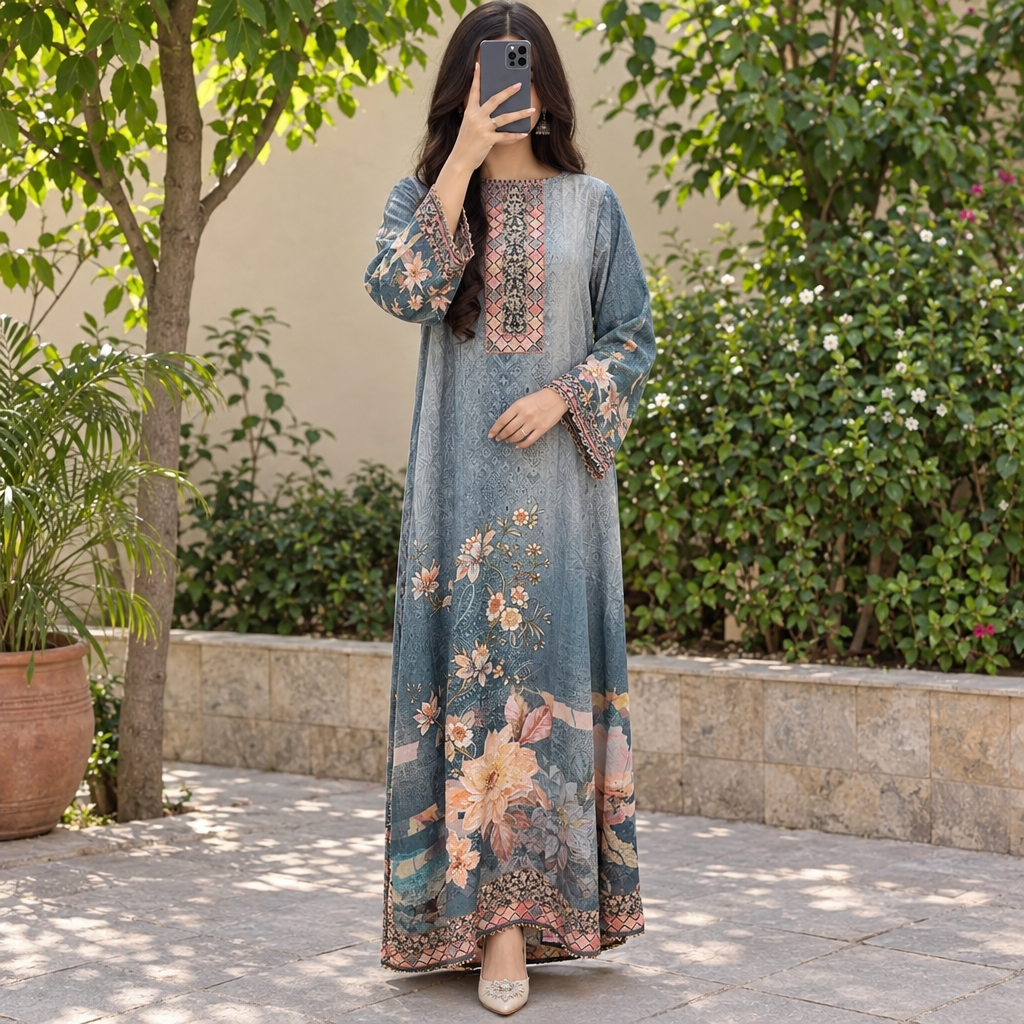 XS/S Crystal Silky Digital Kaftan Printed 55" Long Jalabiya