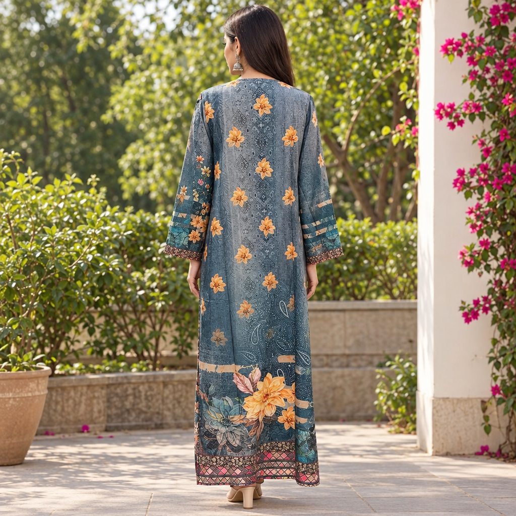 XS/S Crystal Silky Digital Kaftan Printed 55" Long Jalabiya