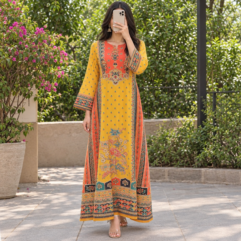 L/XL Crystal Silky Digital Kaftan Printed 55" Long Jalabiya