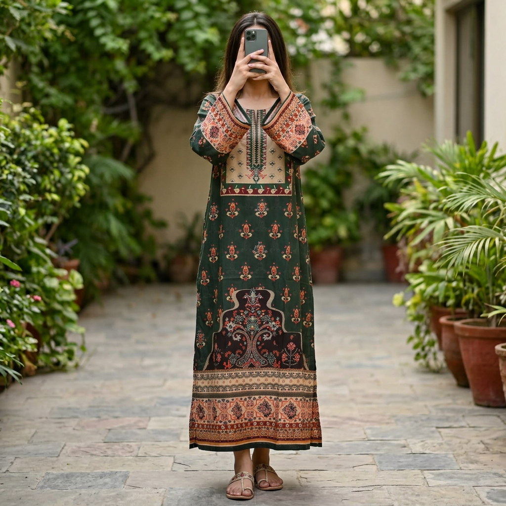 2XL/3XL Crystal Silky Digital Kaftan Printed 55"Long Jalabiya