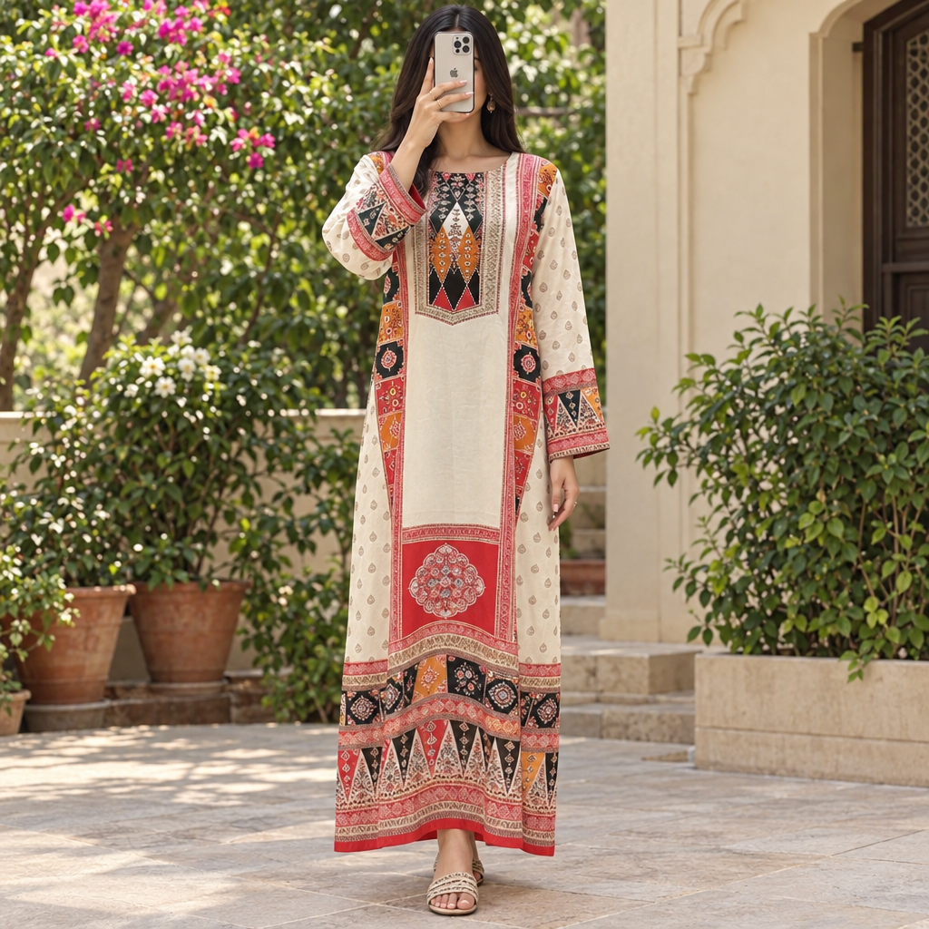 S/M Crystal Silky Digital Kaftan Printed 54"Long Jalabiya