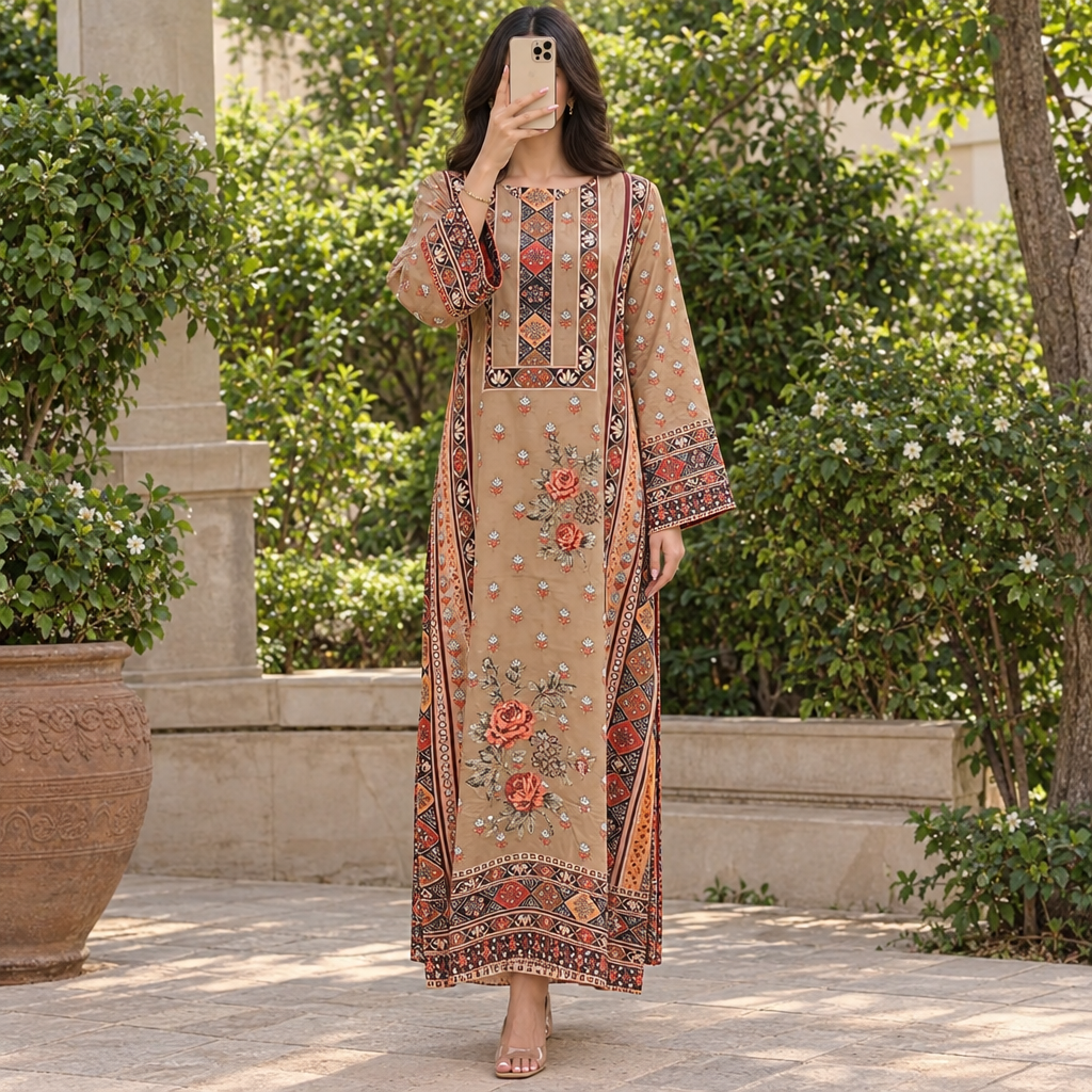 S/M Crystal Silky Digital Kaftan Printed 55"Long Jalabiya