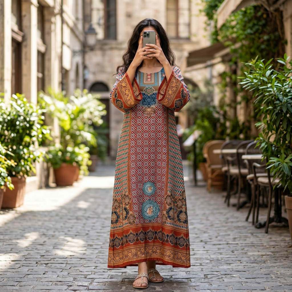 XS/S Crystal Silky Digital Kaftan Printed 55" Long Jalabiya