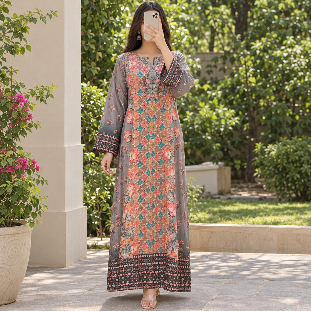 2XL/3XL Crystal Silky Digital Kaftan Printed 55"Long Jalabiya