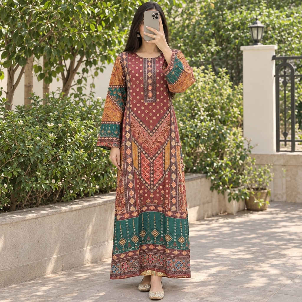 S/M Crystal Silky Digital Kaftan Printed 56"Long Jalabiya