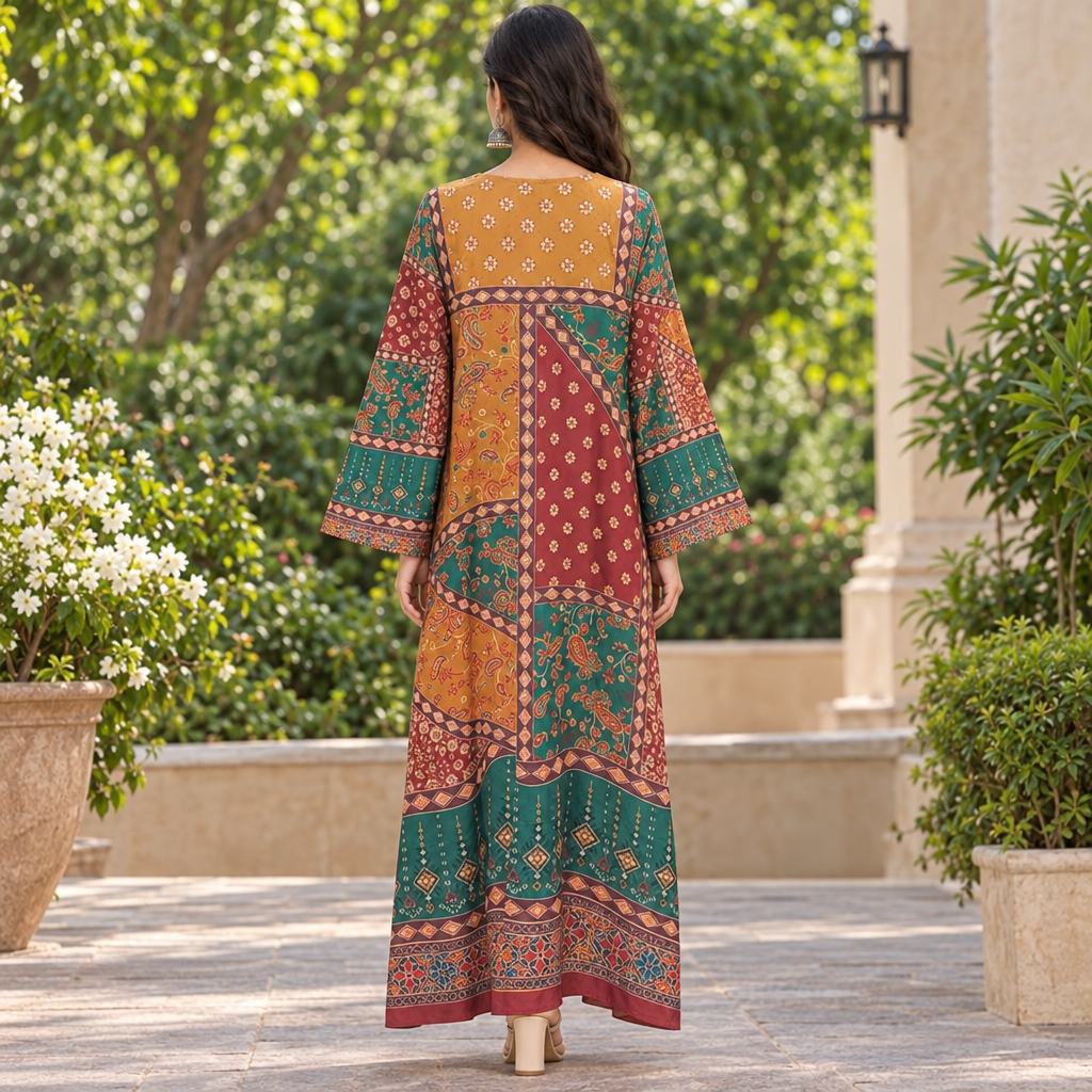 S/M Crystal Silky Digital Kaftan Printed 56"Long Jalabiya