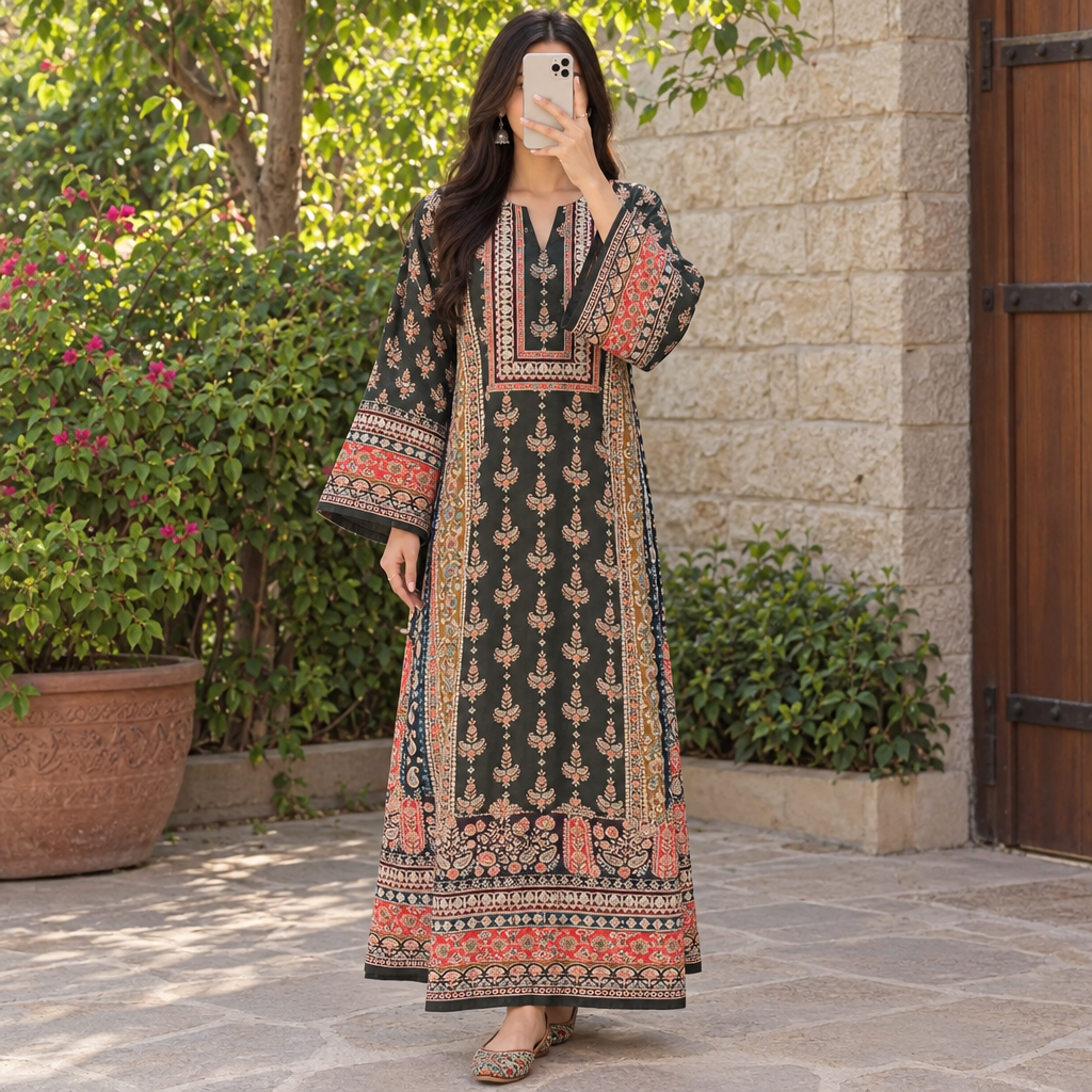 XS/S Crystal Silky Digital Kaftan Printed 55" Long Jalabiya