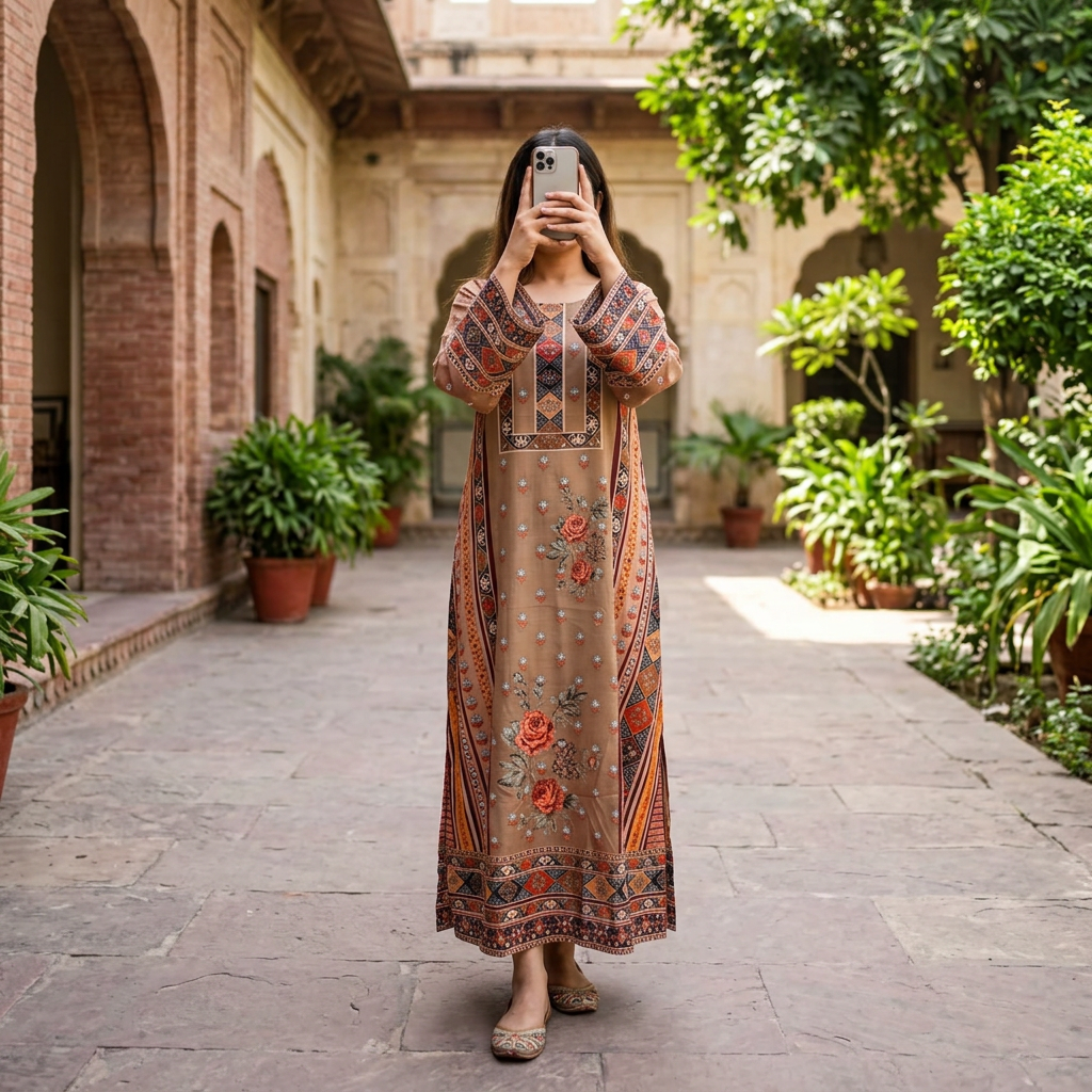 2XL/3XL Crystal Silky Digital Kaftan Printed 54"Long Jalabiya