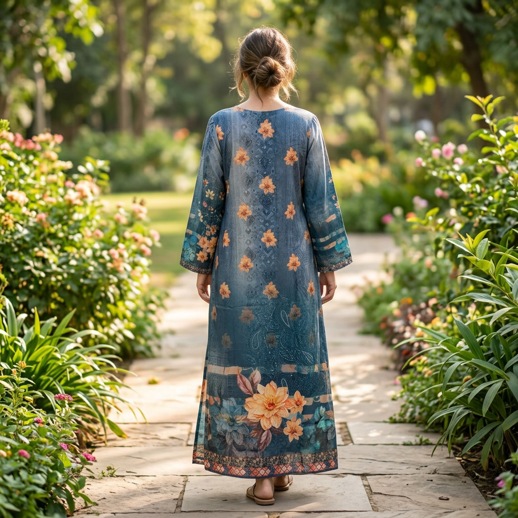 S/M Crystal Silky Digital Kaftan Printed 56"Long Jalabiya
