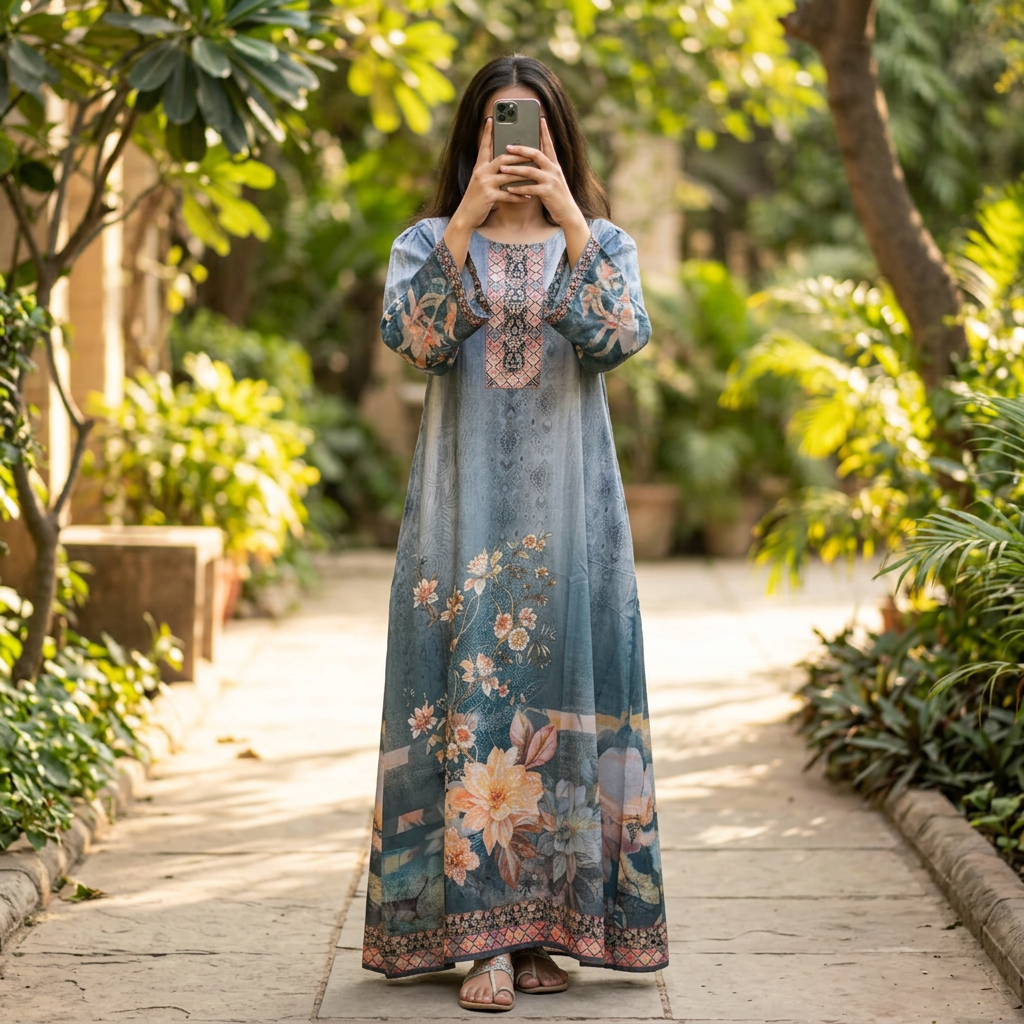 S/M Crystal Silky Digital Kaftan Printed 56"Long Jalabiya