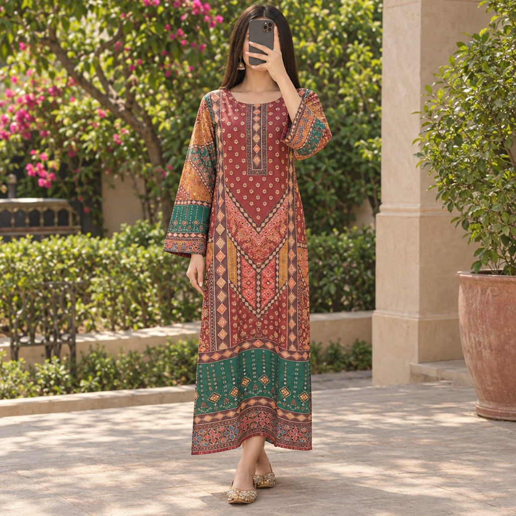 S/M Crystal Silky Digital Kaftan Printed 55"Long Jalabiya
